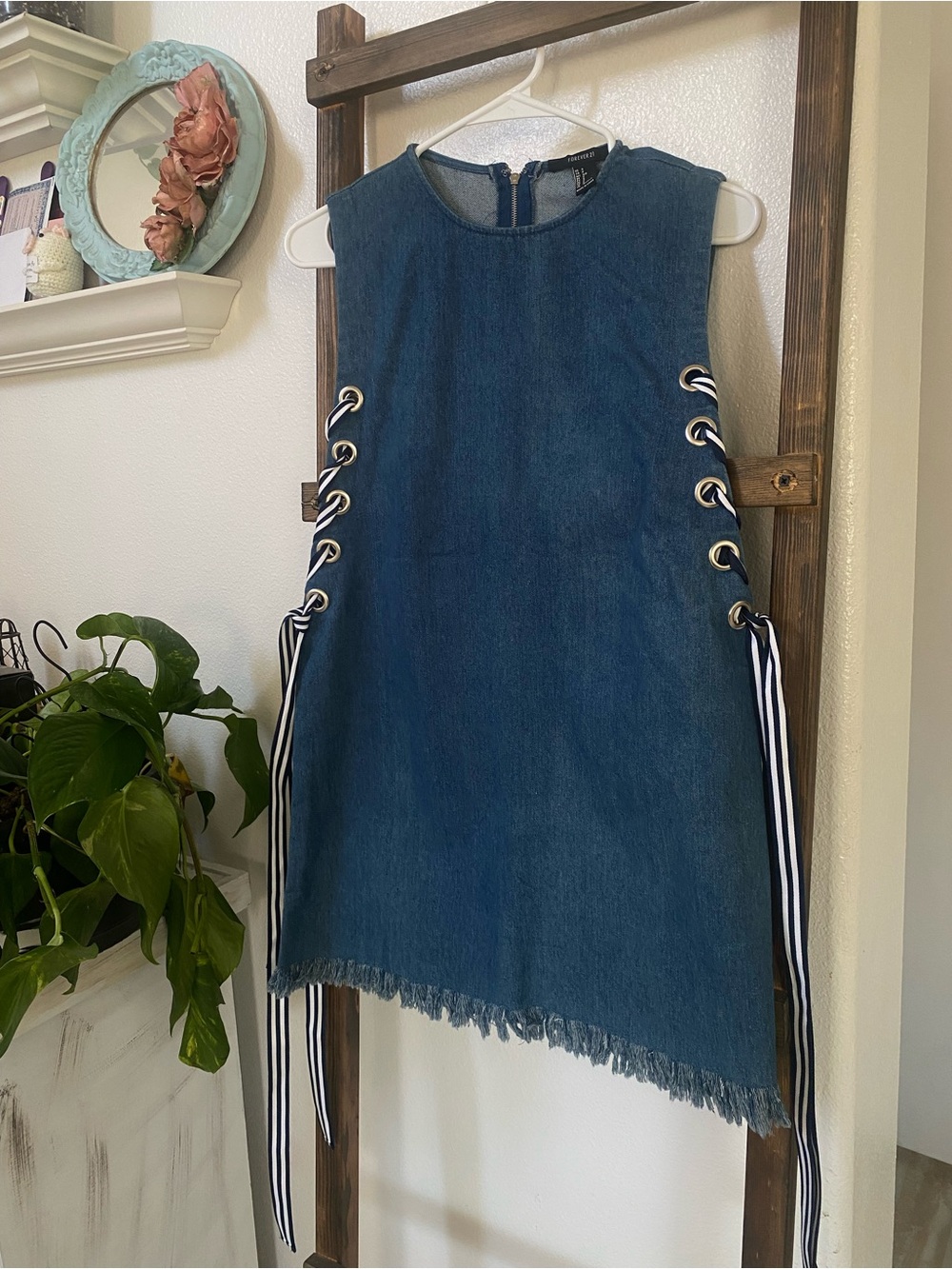 Forever 21 Blue Denim Mini Dress with Striped Side Ties